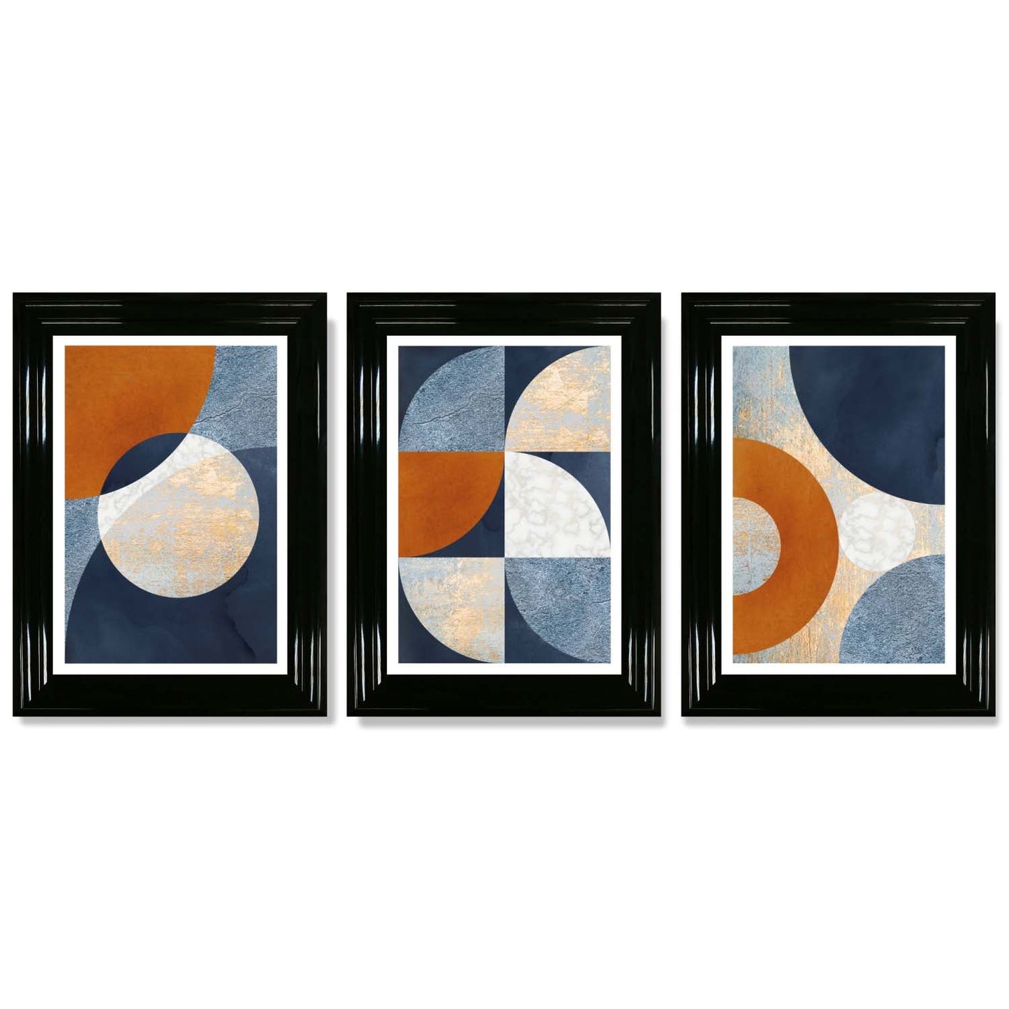 Abstraktes geometrisches Set aus 3 gerahmten Kunstdrucken in Marineblau, Orange und Gold