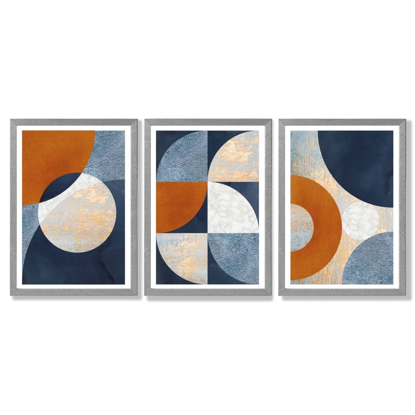 Abstraktes geometrisches Set aus 3 gerahmten Kunstdrucken in Marineblau, Orange und Gold