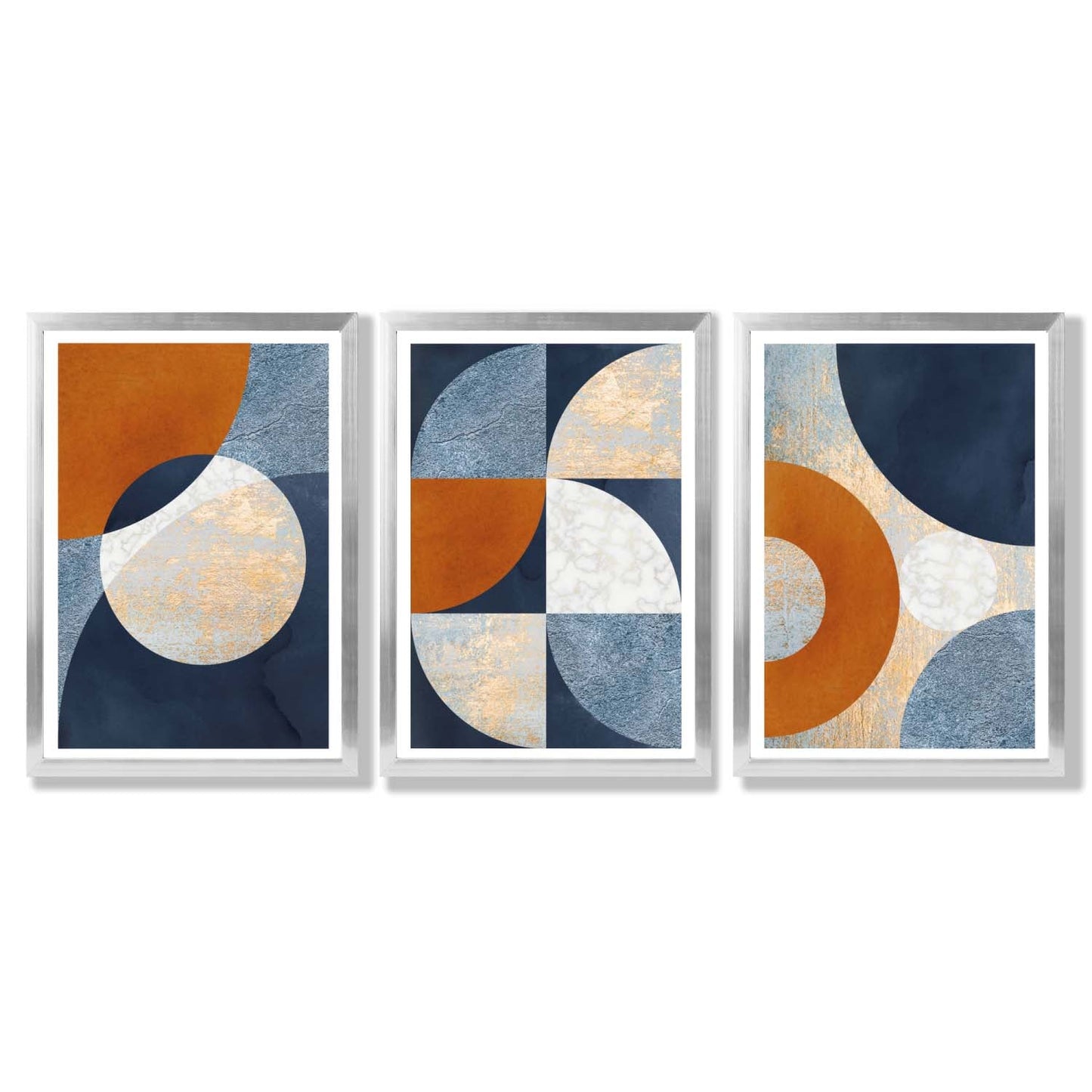 Abstraktes geometrisches Set aus 3 gerahmten Kunstdrucken in Marineblau, Orange und Gold