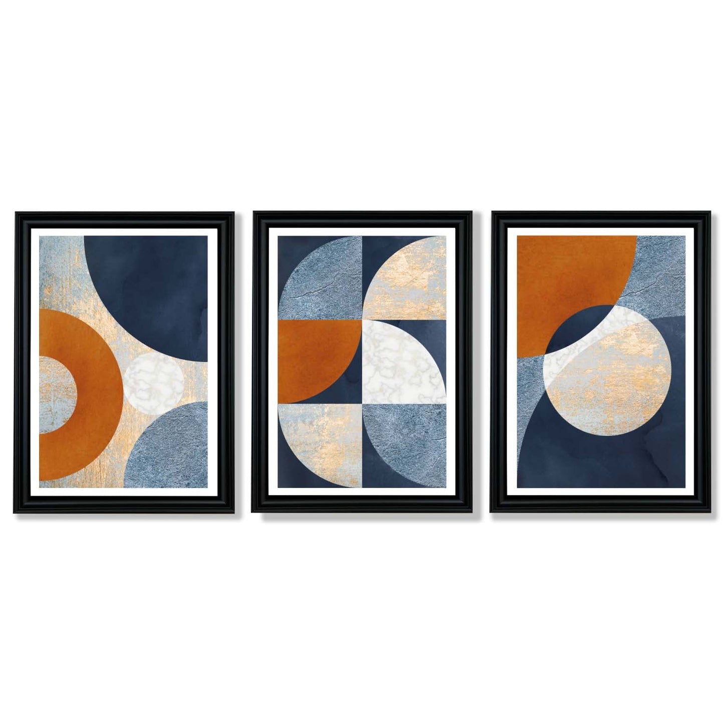 Abstraktes geometrisches Set aus 3 gerahmten Kunstdrucken in Marineblau, Orange und Gold