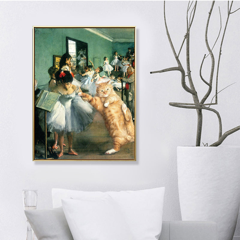Brehn | Tanzparty Katze Wandkunst Druck Grünes Leinwand-Made Wanddekoration für Wohnzimmer, Texturiert