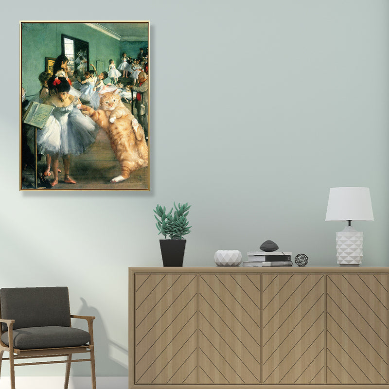 Brehn | Tanzparty Katze Wandkunst Druck Grünes Leinwand-Made Wanddekoration für Wohnzimmer, Texturiert