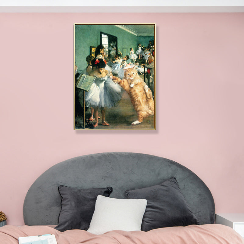 Brehn | Tanzparty Katze Wandkunst Druck Grünes Leinwand-Made Wanddekoration für Wohnzimmer, Texturiert