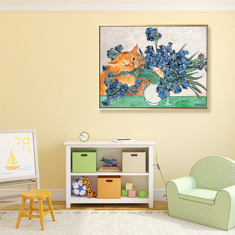 Brehn | Naughty Cat und Vase Leinwand Wohnzimmer Tier Wandkunstdruck in Blau und Orange