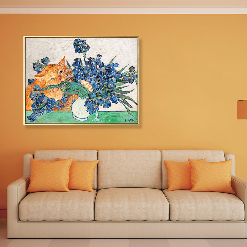 Brehn | Naughty Cat und Vase Leinwand Wohnzimmer Tier Wandkunstdruck in Blau und Orange