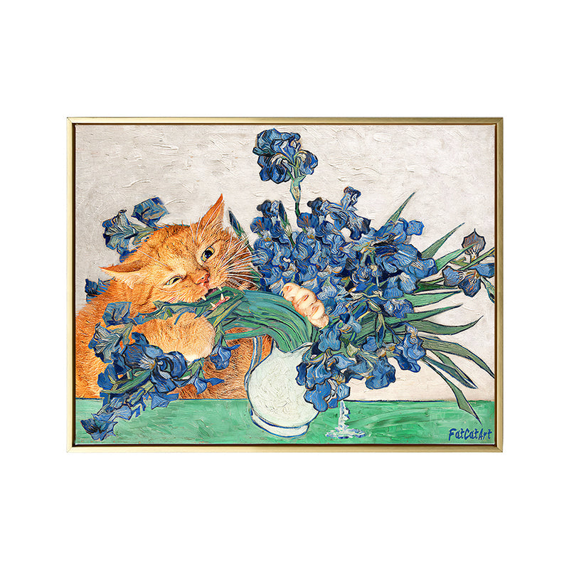 Brehn | Naughty Cat und Vase Leinwand Wohnzimmer Tier Wandkunstdruck in Blau und Orange