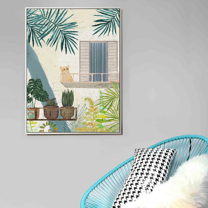 Brehn | Gemälde Balkon Katze Leinwanddruck Mädchenzimmer Stillleben Wandkunst in Grün für Dekor