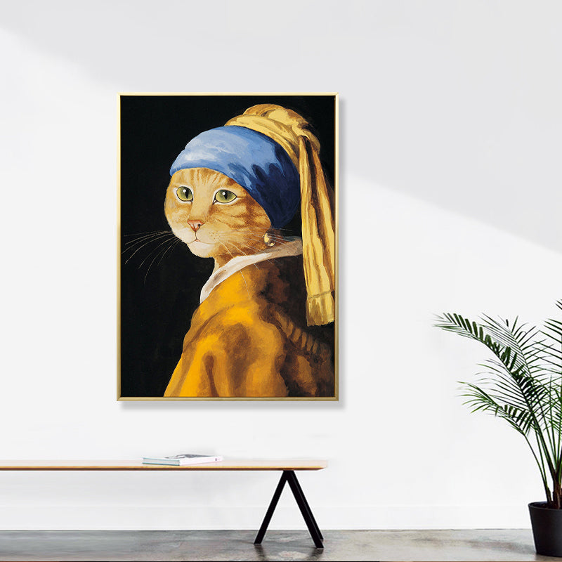 Brehn | Gelbe Katze mit Schmuck Kanvas Kunst Tiermuster Funky Texturierte Wanddekoration für Zuhause