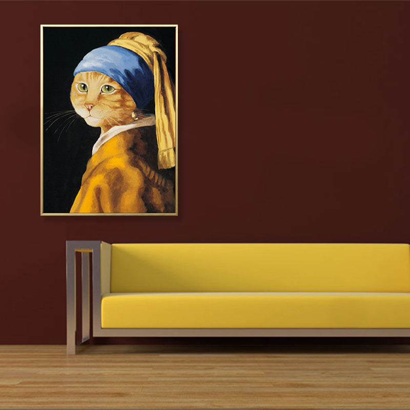 Brehn | Gelbe Katze mit Schmuck Kanvas Kunst Tiermuster Funky Texturierte Wanddekoration für Zuhause
