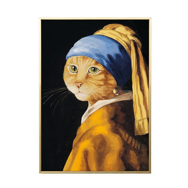 Brehn | Gelbe Katze mit Schmuck Kanvas Kunst Tiermuster Funky Texturierte Wanddekoration für Zuhause