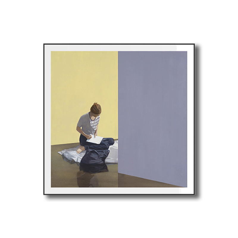 Brehn | Writing Boy Wrapped Canvas Pop Art Textured Wanddekoration in Lila für das Wohnzimmer