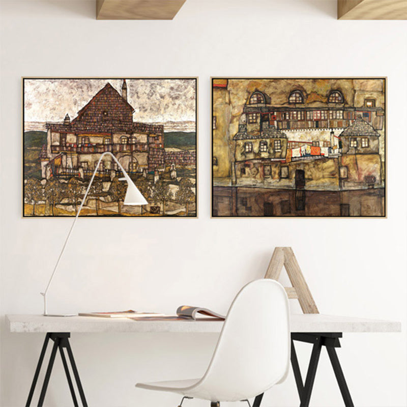 Brehn | Wohngebäude Ansicht Leinwand Kunst Nouveau Texturiertes Wanddekor in Pastellfarbe für Zuhause