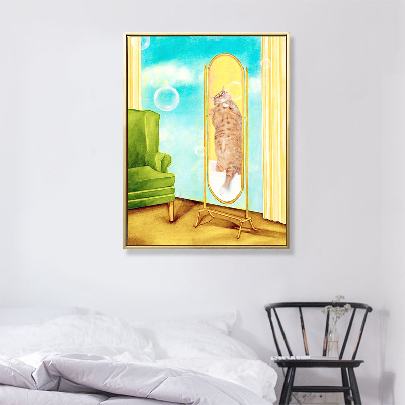 Brehn | Kat im Spiegel Leinwand Hausinterieur Tier Wandkunst Dekoration in Gelb, Texturiert