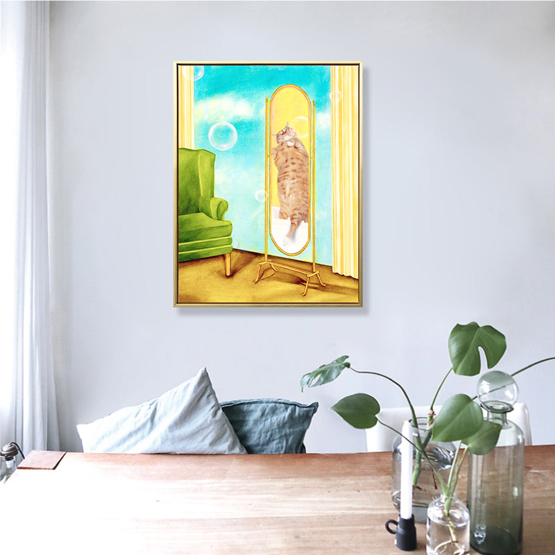 Brehn | Kat im Spiegel Leinwand Hausinterieur Tier Wandkunst Dekoration in Gelb, Texturiert
