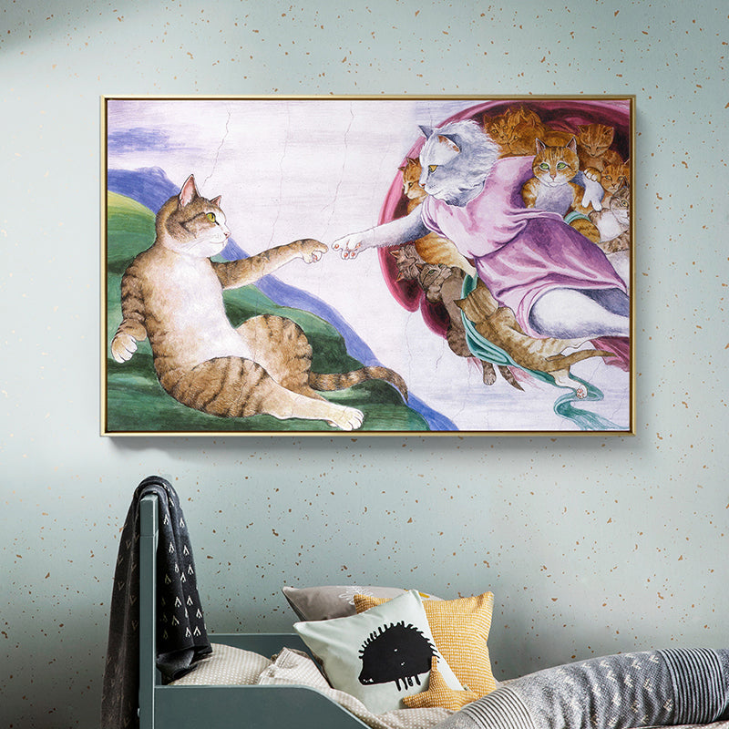 Brehn | Katze Wandkunst Funky Spoof die Schöpfung von Adam Gemälde in Braun für das Wohnzimmer