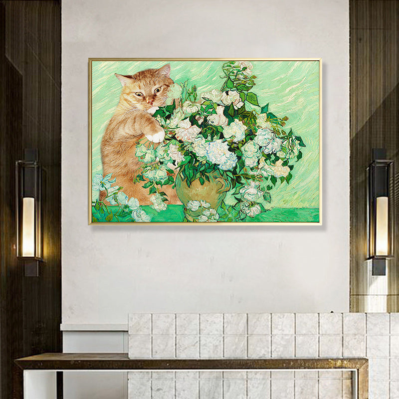 Brehn | Kat und Blumenvasen Kunstdruck Grünes Funky Gemälde für Schlafzimmer, Mehrere Größenoptionen