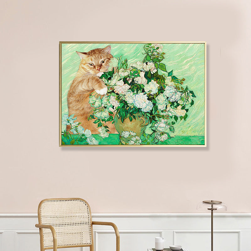 Brehn | Kat und Blumenvasen Kunstdruck Grünes Funky Gemälde für Schlafzimmer, Mehrere Größenoptionen
