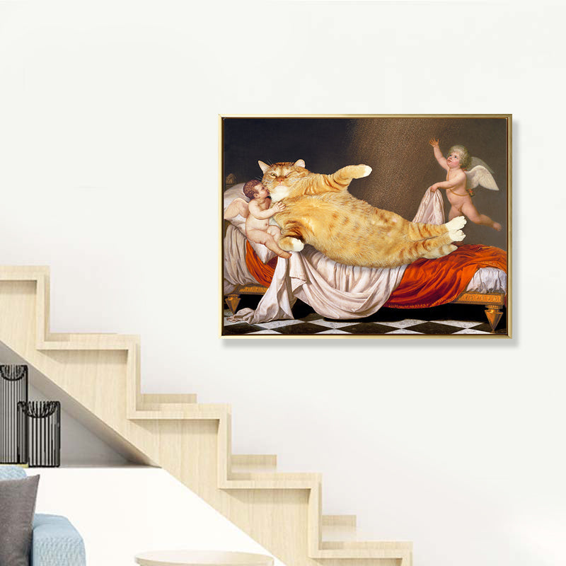 Brehn | Katze und Engel Wanddekoration Pop Art Texturiert Esszimmer Leinwanddruck in Gelb-Braun
