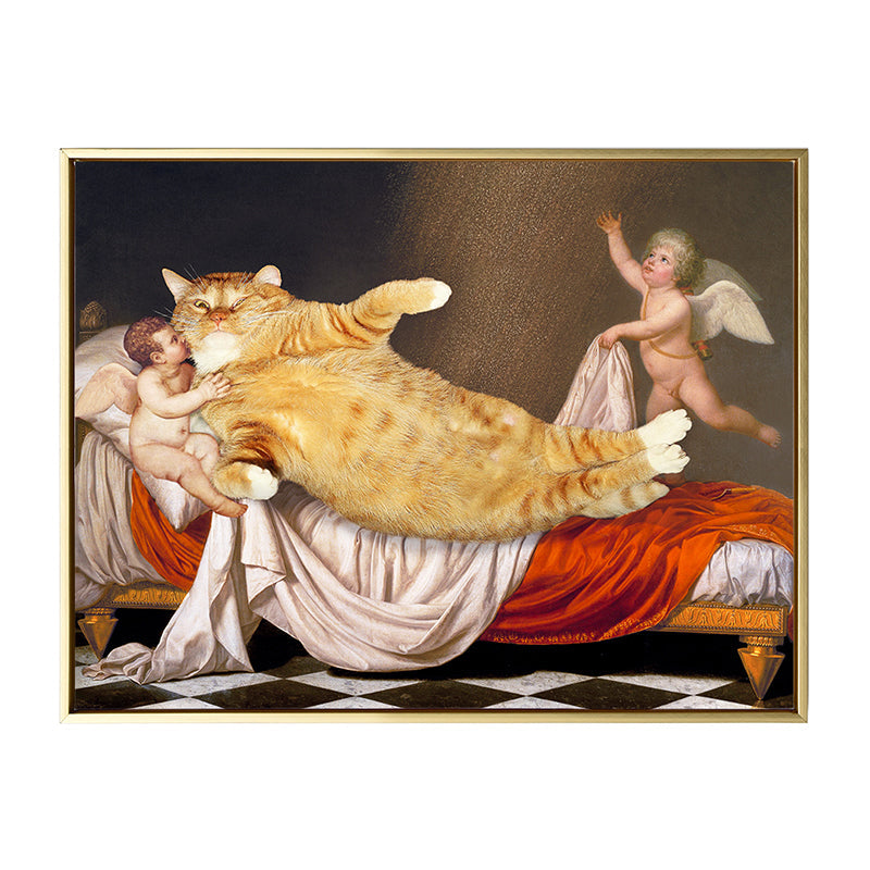 Brehn | Katze und Engel Wanddekoration Pop Art Texturiert Esszimmer Leinwanddruck in Gelb-Braun
