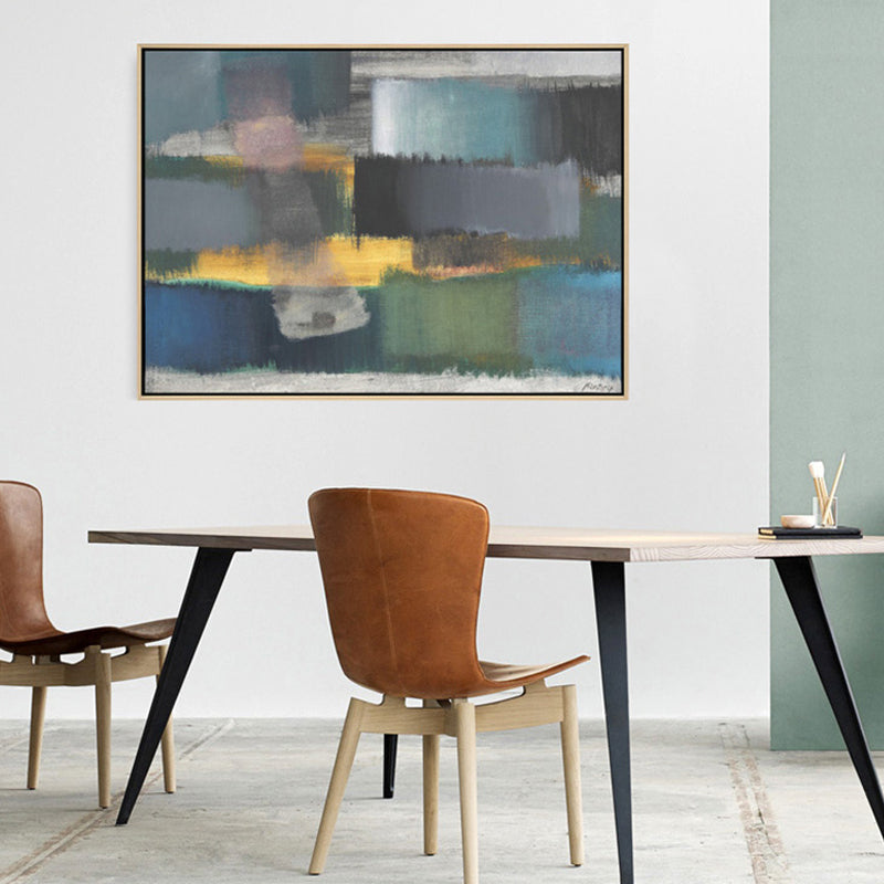 Brehn | Graue handbedruckte Wanddekoration abstraktes Mid-Century Modern strukturiertes Leinwand für Treppe