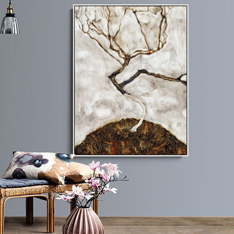 Brehn | Blattloser Baum Landschaft Wandkunst Druck Graue abstrakte Expressionismus Leinwand für Familienzimmer