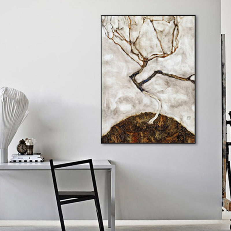 Brehn | Blattloser Baum Landschaft Wandkunst Druck Graue abstrakte Expressionismus Leinwand für Familienzimmer