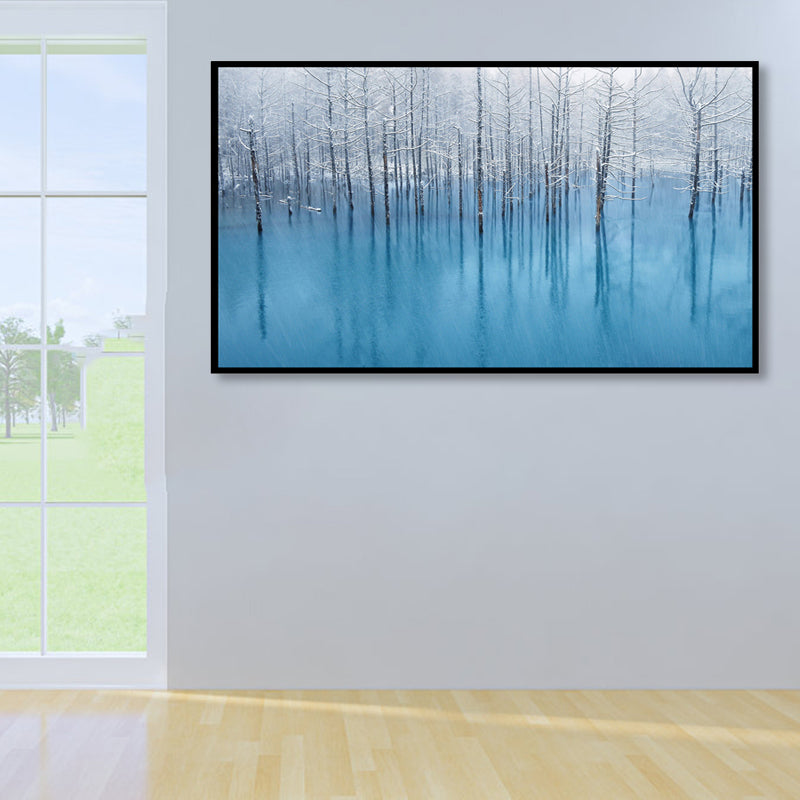 Brehn | Impressionistische neblige kahle Bäume Malerei Blaue Landschaft Leinwand Wandkunst, mehrere Größen