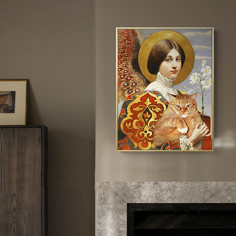 Brehn | Funky Kids Leinwand mit Lady und ihrer dicken Katze Malerei Gelbe Wandkunst für Zuhause