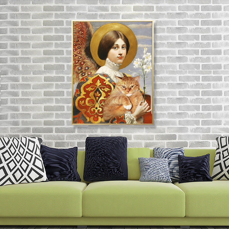 Brehn | Funky Kids Leinwand mit Lady und ihrer dicken Katze Malerei Gelbe Wandkunst für Zuhause