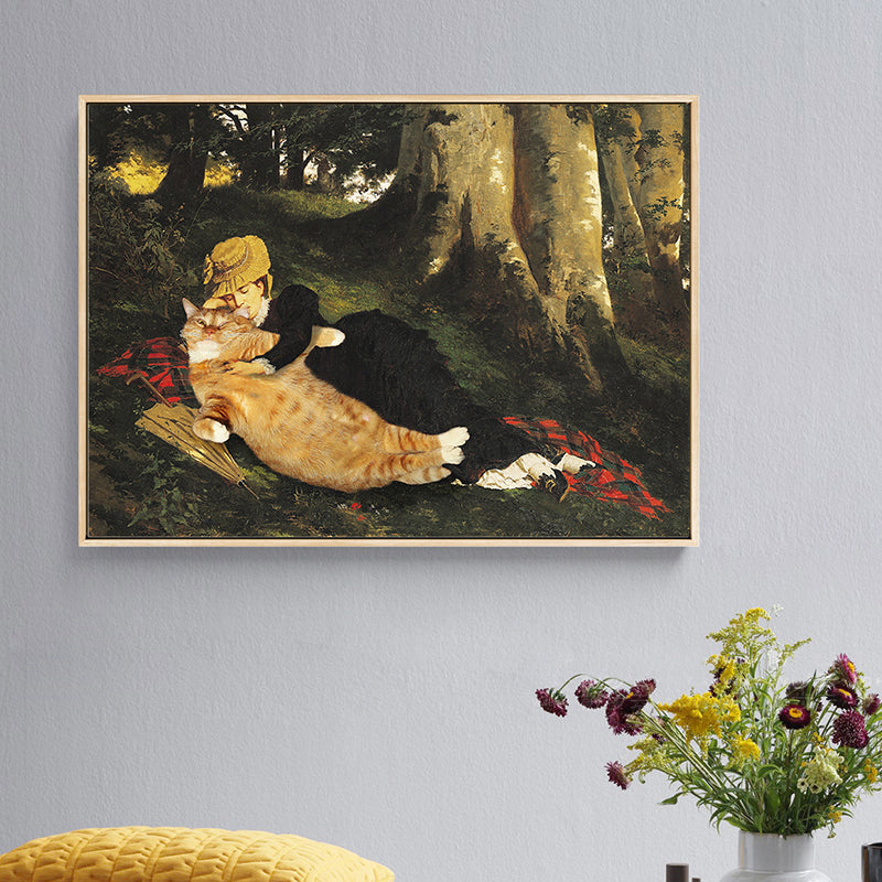Brehn | Tier-Canvas-Wandkunst Lustiges Spoof-Mädchen und Katze im Wald Gemälde in Braun für das Zimmer