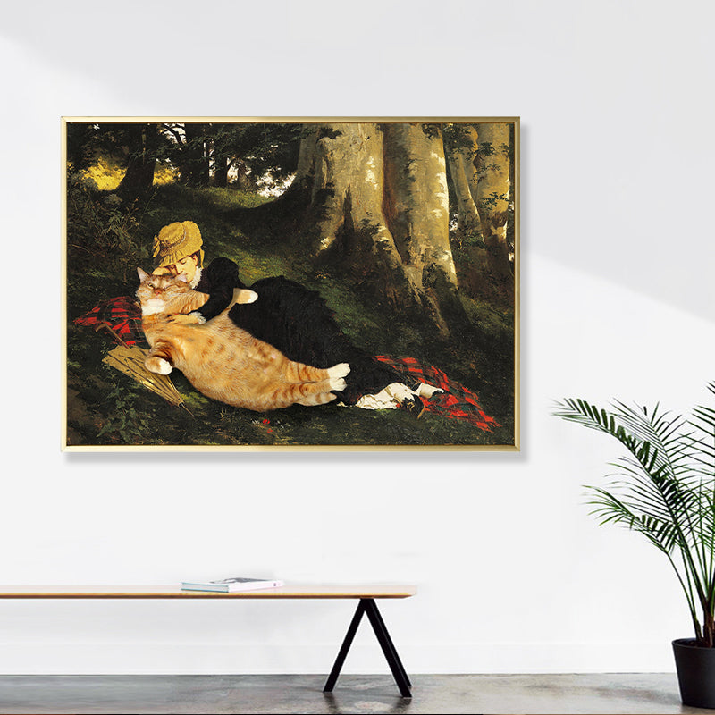 Brehn | Tier-Canvas-Wandkunst Lustiges Spoof-Mädchen und Katze im Wald Gemälde in Braun für das Zimmer