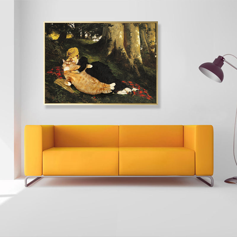 Brehn | Tier-Canvas-Wandkunst Lustiges Spoof-Mädchen und Katze im Wald Gemälde in Braun für das Zimmer