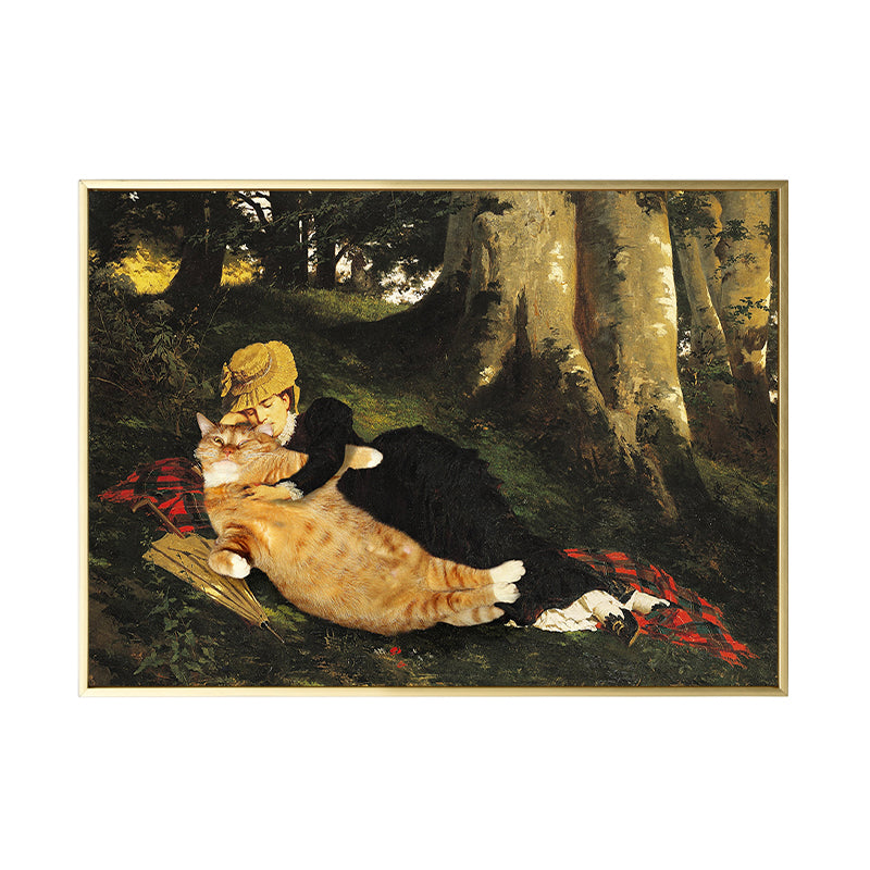 Brehn | Tier-Canvas-Wandkunst Lustiges Spoof-Mädchen und Katze im Wald Gemälde in Braun für das Zimmer