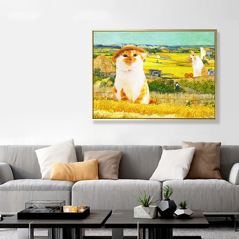 Brehn | Pop Art Farmer Cat Leinwand Gelbes Haus Innen Wand Dekor, Mehrere Größenoptionen