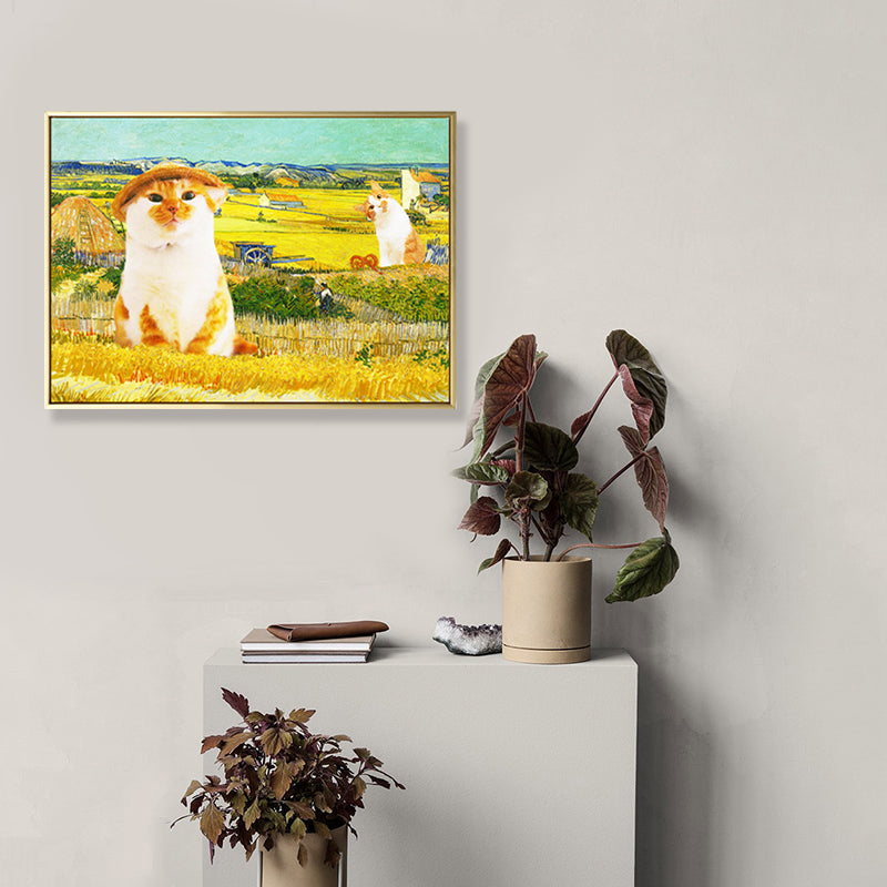 Brehn | Pop Art Farmer Cat Leinwand Gelbes Haus Innen Wand Dekor, Mehrere Größenoptionen