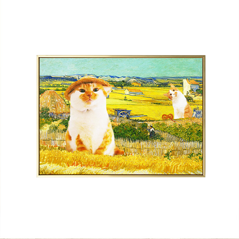 Brehn | Pop Art Farmer Cat Leinwand Gelbes Haus Innen Wand Dekor, Mehrere Größenoptionen