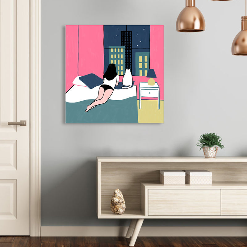 Brehn | Pink Cat und Girl Grafik Leinwanddruck Strukturierte Wanddekoration für Gästezimmer, Mehrere Größen