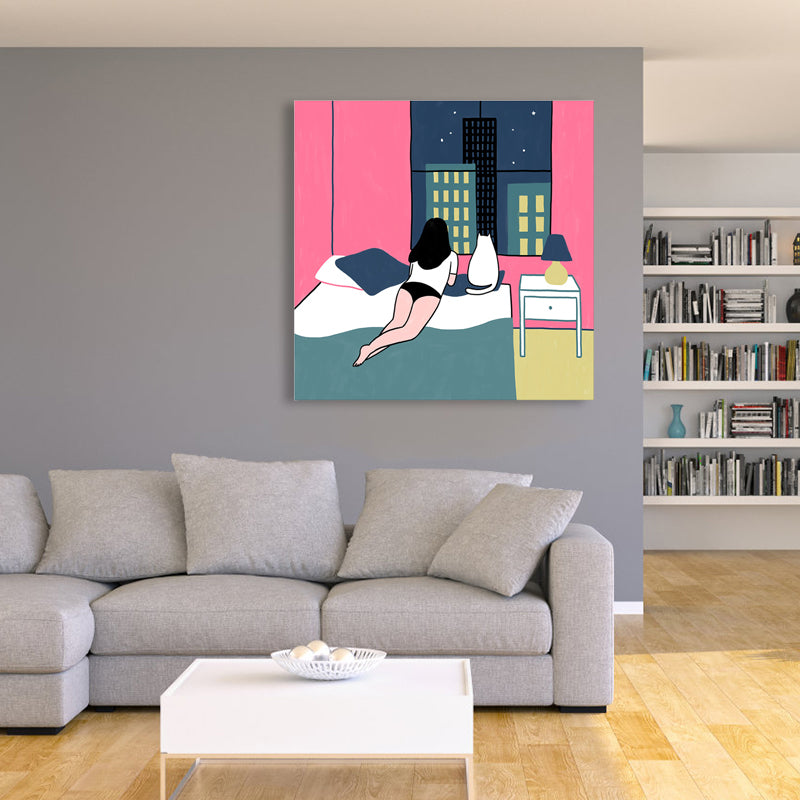 Brehn | Pink Cat und Girl Grafik Leinwanddruck Strukturierte Wanddekoration für Gästezimmer, Mehrere Größen