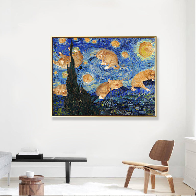 Brehn | Sternen Nacht mit Katze Leinwand Kunst Funky Lustig Van Gogh Gemälde Wanddekoration in Blau