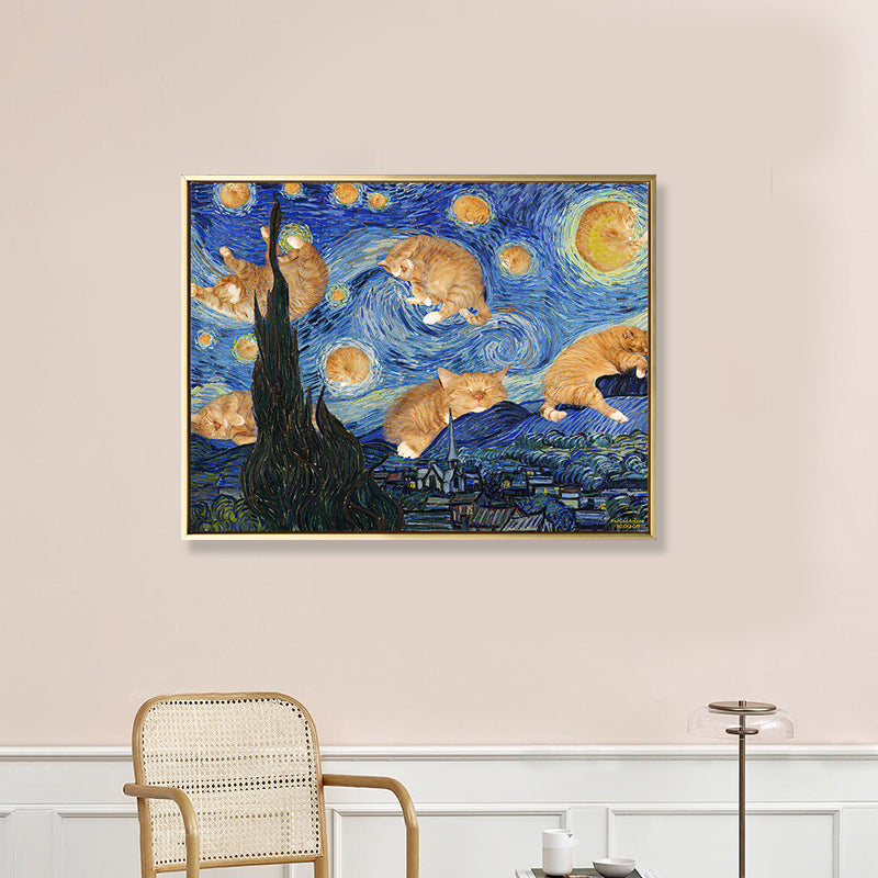 Brehn | Sternen Nacht mit Katze Leinwand Kunst Funky Lustig Van Gogh Gemälde Wanddekoration in Blau