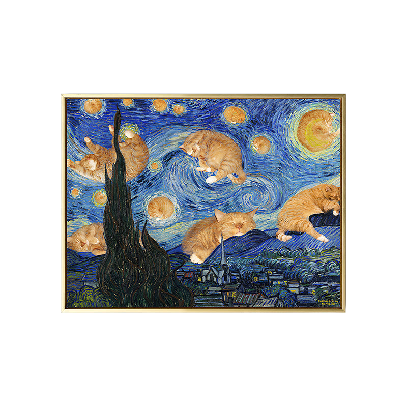 Brehn | Sternen Nacht mit Katze Leinwand Kunst Funky Lustig Van Gogh Gemälde Wanddekoration in Blau