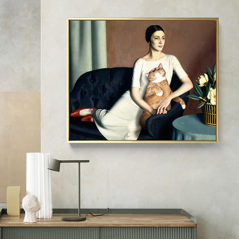 Brehn | Weißes Funky Leinwandkunstgemälde Druck Frau und Katze auf dem Sofa Wanddekor für Hausinterieur