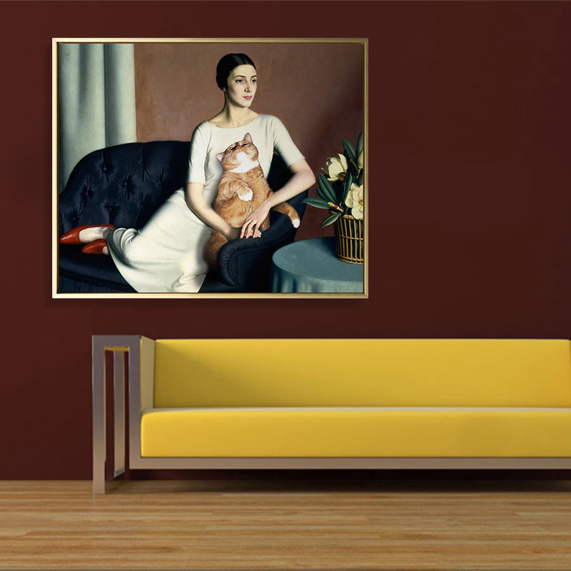 Brehn | Weißes Funky Leinwandkunstgemälde Druck Frau und Katze auf dem Sofa Wanddekor für Hausinterieur