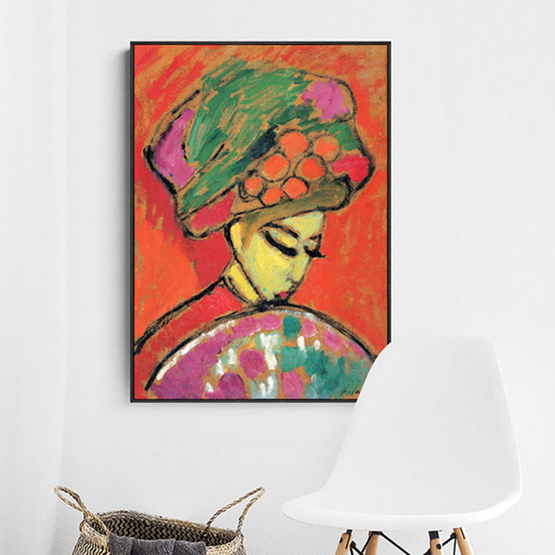 Brehn | Hatted Girl mit Ventilator Wandkunst Wohnzimmer Figur Leinwanddruck in Rot, Mehrere Größen