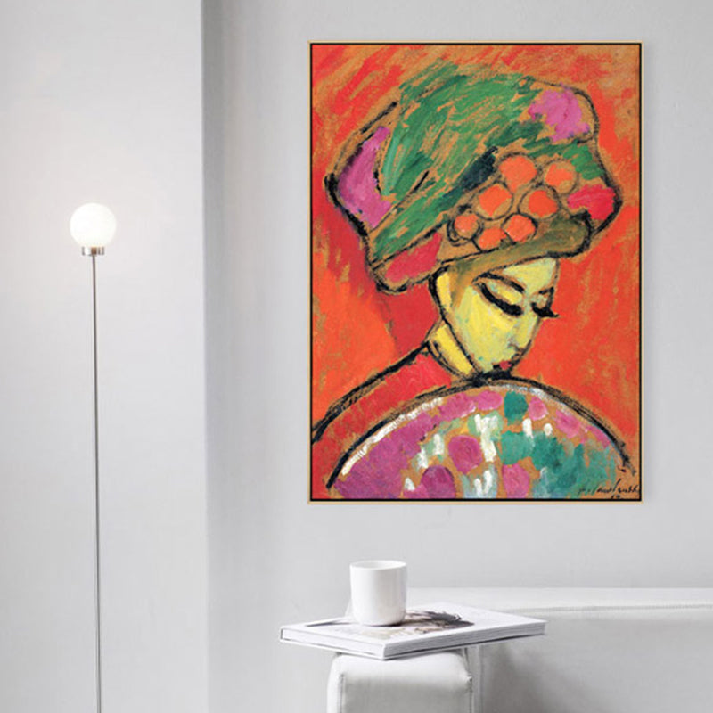 Brehn | Hatted Girl mit Ventilator Wandkunst Wohnzimmer Figur Leinwanddruck in Rot, Mehrere Größen