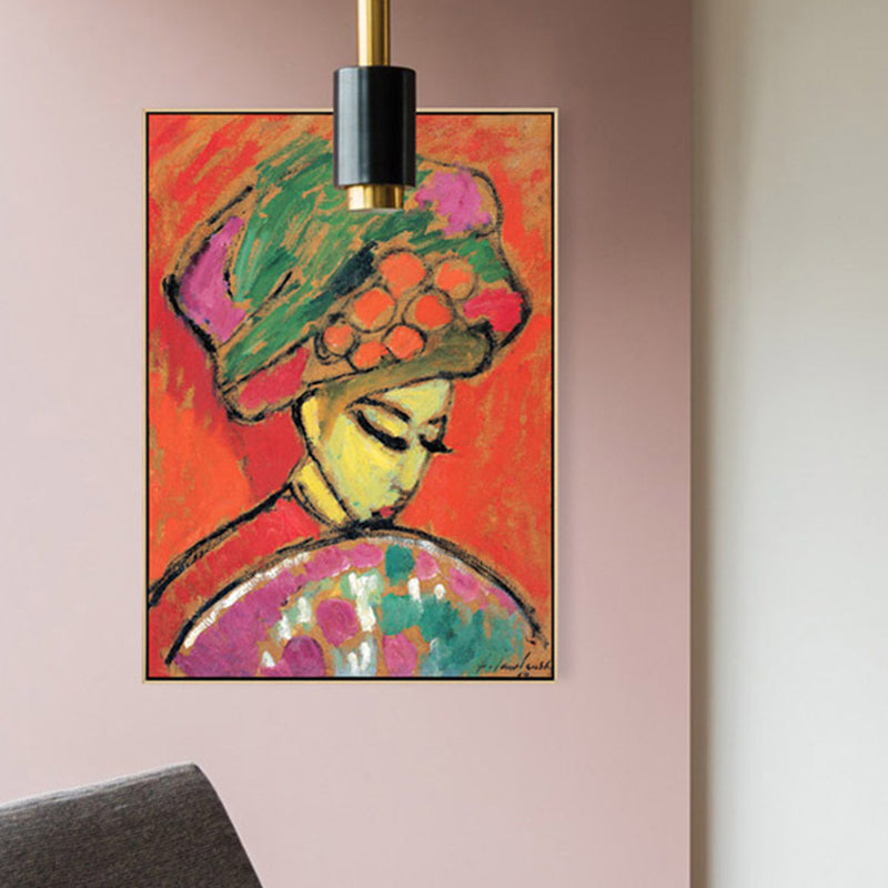 Brehn | Hatted Girl mit Ventilator Wandkunst Wohnzimmer Figur Leinwanddruck in Rot, Mehrere Größen