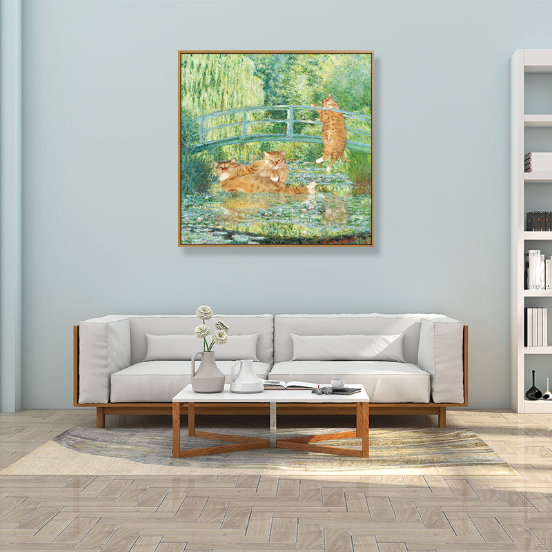 Brehn | Mischtechniken Funky Leinwand Wandkunst mit Monet Teich Katze Spoof Gemälde in Grün-Orange