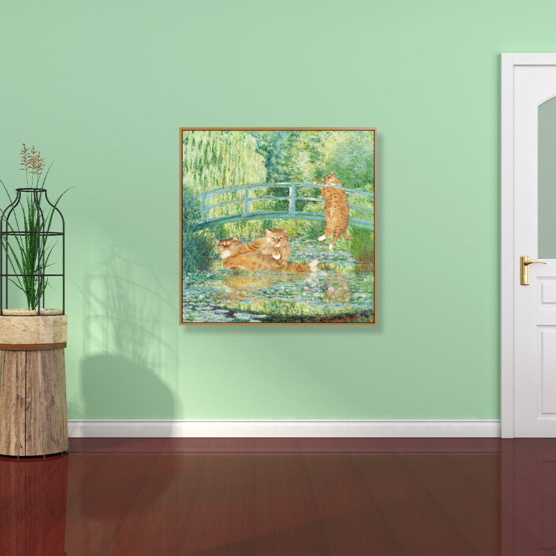 Brehn | Mischtechniken Funky Leinwand Wandkunst mit Monet Teich Katze Spoof Gemälde in Grün-Orange