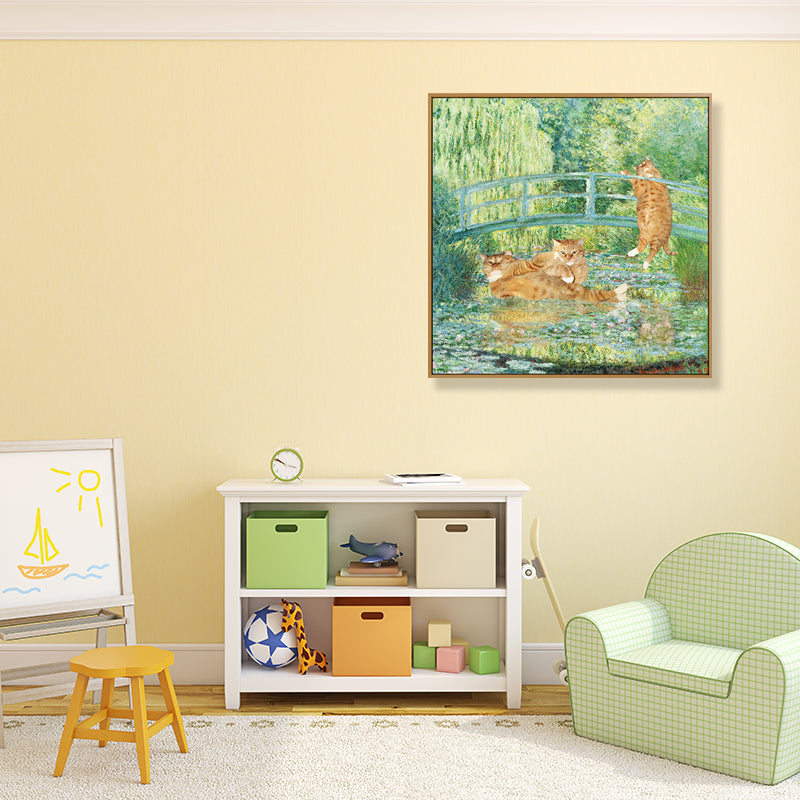 Brehn | Mischtechniken Funky Leinwand Wandkunst mit Monet Teich Katze Spoof Gemälde in Grün-Orange