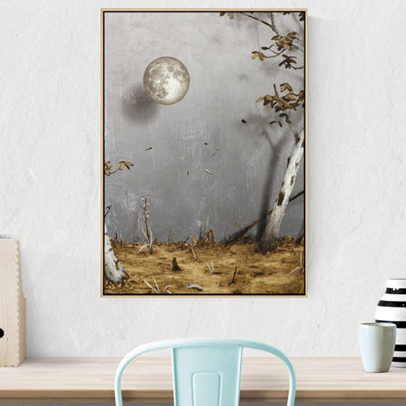 Brehn | Graue Surrealismus Wandkunst Gemälde Mond- und Baumansicht Leinwanddruck für das Arbeitszimmer